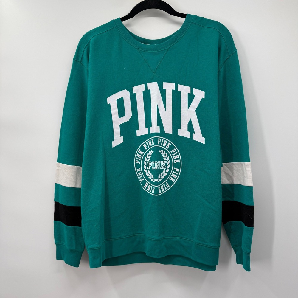 PINK Victoria's Secret Women Large Sweatshirt Green Graphic Logo Stripe Sleeve